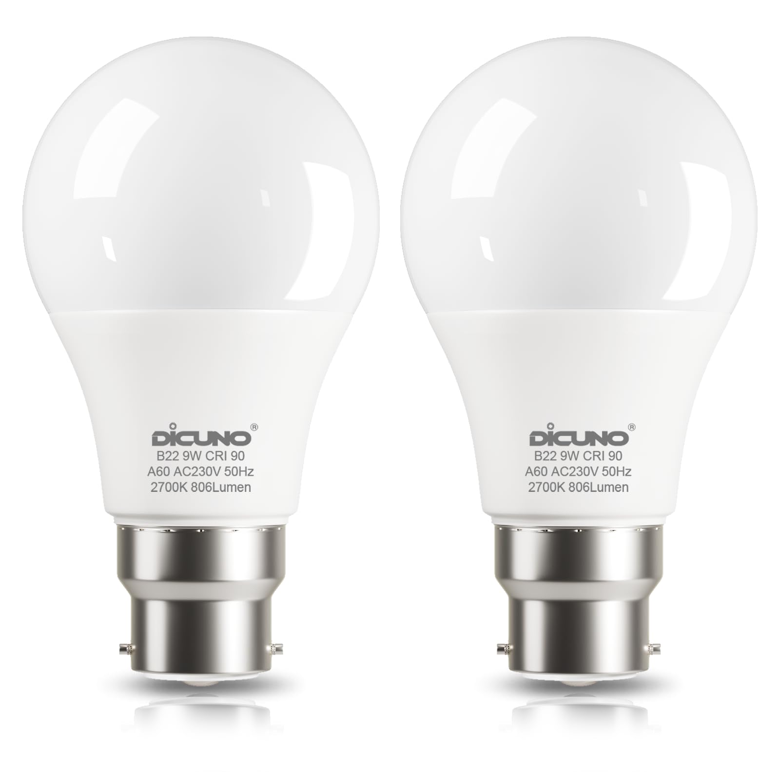 DiCUNO B22 Bayonet LED Bulb, Warm White 2700K, 60W Equivalent, B22 LED Bulb 9W 806LM, CRI90, Non-dimmable, 2 Pcs