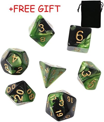Lulujan DND Polyhedral Dice Set D&D for Dungeons and Dragons TRPG MTG Board Games Dice with FREE Pouch (7-Die, Green & Black)