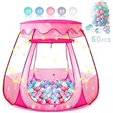 Baby Ball Pit for Toddler with 50 Balls, Pop Up Princess Tent with Star Lights for 1 2 3 Year Old Birthday Gift, 12-18 Months Baby Girl Toys with Carrying Bag, Indoor&Outdoor Play Tent for Kids