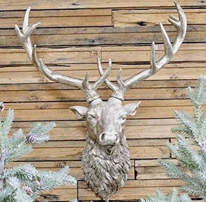 Stags Head Wall Mounted Silver Antique Vintage Style Ornament