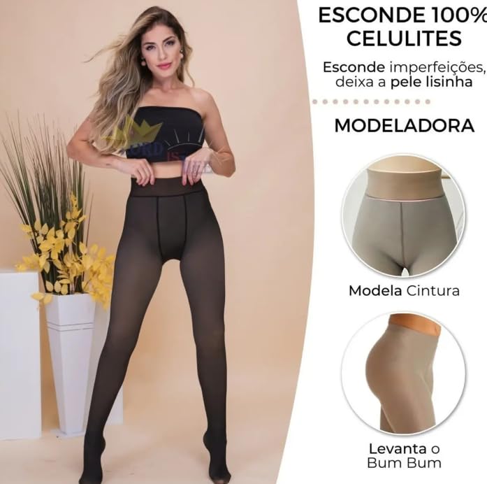 Meia Calça Térmica Feminina Translúcida Peluciada Forrada Cintura Alta com Pezinho