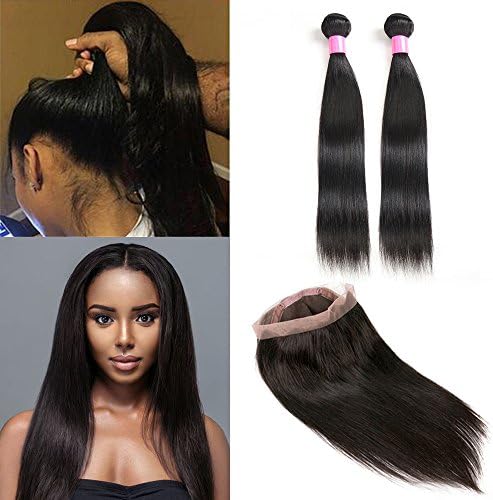 360 Lace Frontal with Hair Bundles Brazilian Virgin Hair Straight with Frontal Closure Pre-Plucked 360 Closure Natural Hair Line(16 18 with 14 360)