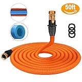 Tacklife 50ft Garden Hose, Innovative 2018 Leakproof Patent Connector Lightweight Expandable Water Hose, Durable Double Latex Core, Solid Brass Fittings, Free Net Bag, 3 Extra Rubber Gaskets - Orange