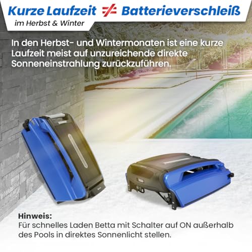 Betta SE Solar Powered Automatic Robot Pool Skimmer Cleaner with 30-Hour Continuous Cleaning, Battery Power and Revised Two Salt Chlorine Tolerant Motors (Blue)