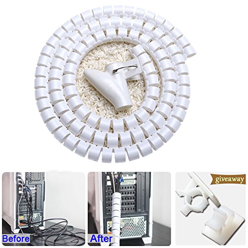 White Cable Wire Cover Cord Management Sleeve Electrical Wire Organizer Holder, VIWIEU Reusable & Expandable Desktop Spiral Tube Wire Hider with BONUS Clips For TV Computer Home Entertainment
