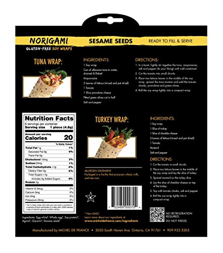 Norigami Non-GMO Gluten-Free Soy Wraps Sesame Seeds and Soy Wraps Poppy Seeds (6 Wraps Per Pack), Low Carbs, High Protein, Vegetarian, Ready To Fill And Serve Wraps, Thin And Healthy Wraps (2 Packs)
