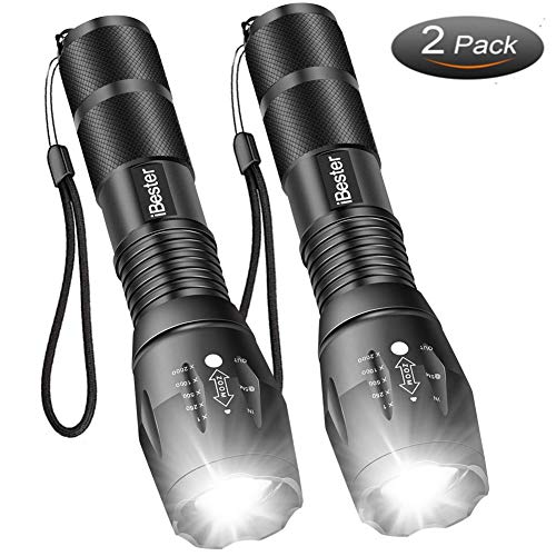 Tactical Flashlight, iBester 1600 Lumens CREE XML-T6 LED Taclight, Portable, Zoomable, 5 Modes, Water Resistant, Perfect for Camping, Outdoor, Home(2PCS)