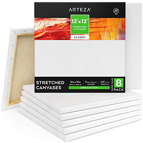 Arteza 12x12" Stretched White Blank Square Canvas, Bulk Pack of 8, Primed, 100% Cotton (Classic - 8 Pack)