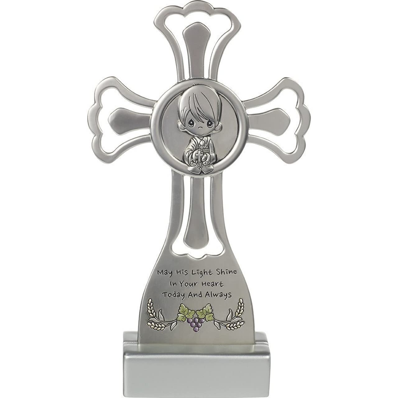 Precious Moments 17247 May His Light Shine in Your Heart Today & Always Boy First Communion Silver Zinc Alloy Cross with Stand