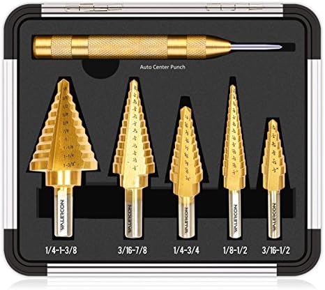 Valercon Pro Step Drill Bit Set With Auto Center Punch. Titanium Coated HSS With Non Slip Shank. Drill Up To 50 Size Holes. Comes In Custom Aluminum Case.