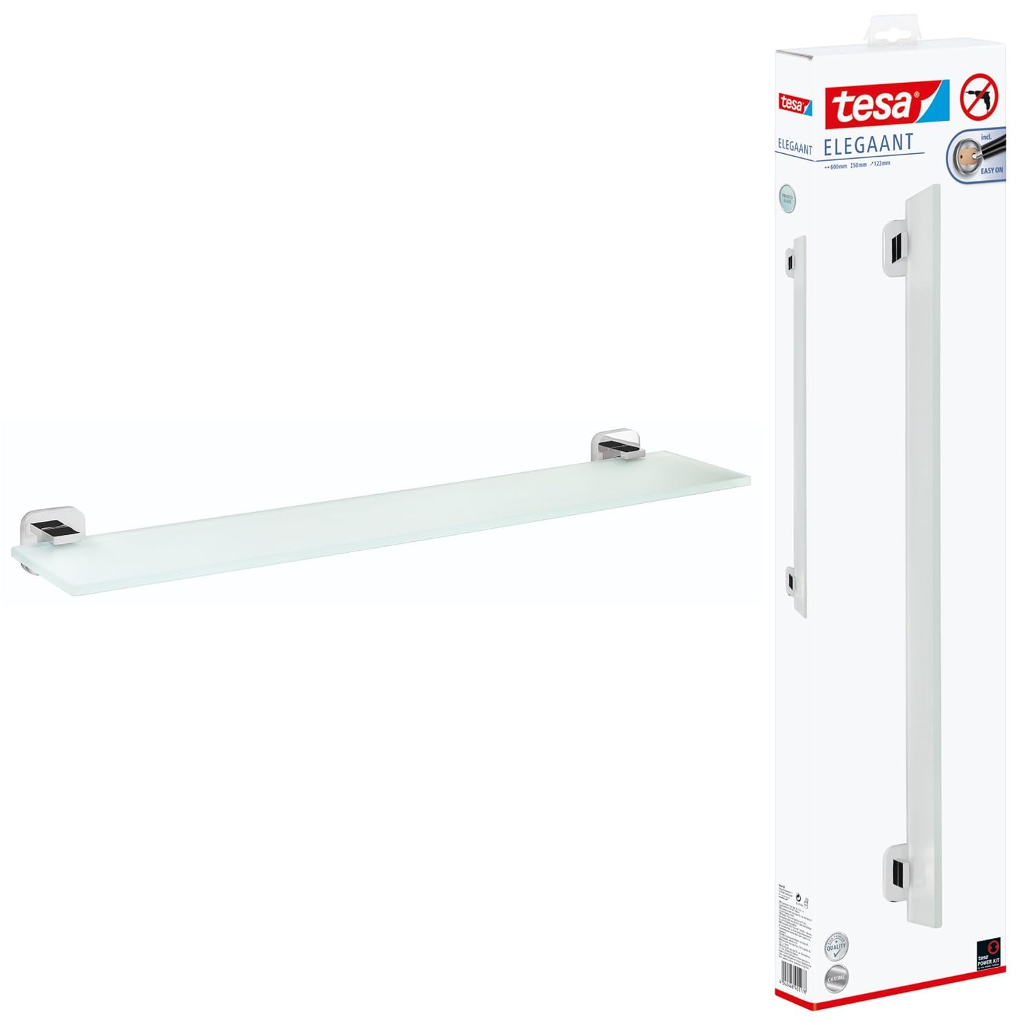 tesa ELEGAANT Glass Shelf - Self-Adhesive Frosted Glass Shelf for Bathroom Utensils - Waterproof, incl. Power.Kit Adhesive Solution - 50 mm x 600 mm x 123 mm