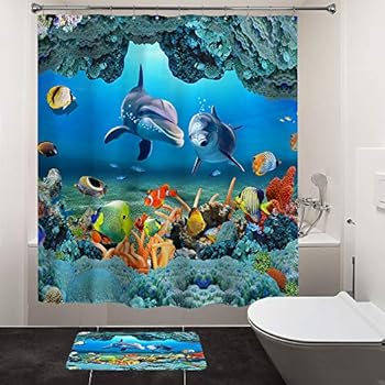 HIYOO Bathroom Underwater World Dolphins Shower Curtain with Hooks, Ocean Sea Seabed Coral Fish Design Bathtub Bath Curtain Sets, Waterproof Fabric and No Need Liner 72x72 Inches - Happy Dolphins