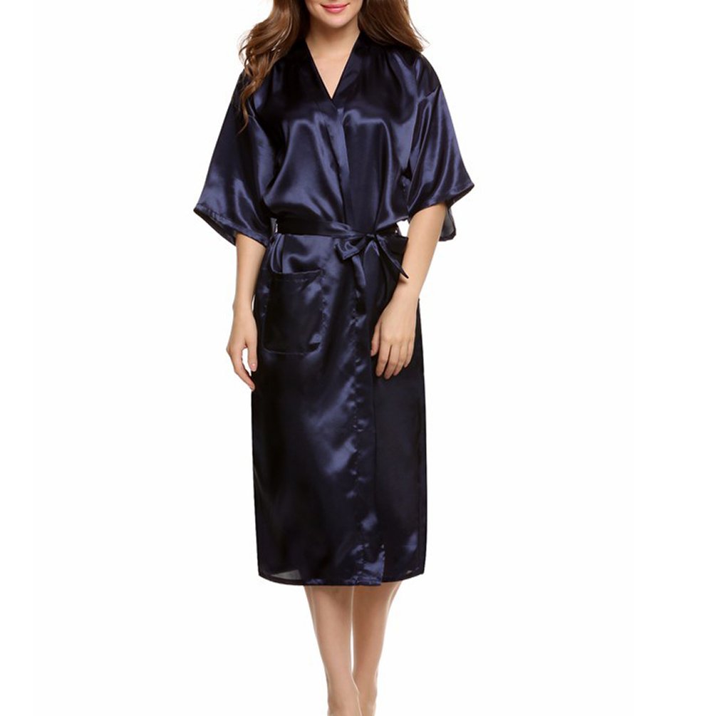 ENJOYNIGHT Women\'s Kimono Robes Satin Pure Colour Long style with Oblique V-Neck Robe (Dark Blue, Large)