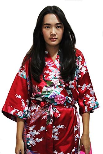 Silk Nightwear Kimono Robe Style For Women Is Long Japanese Kimono Robe. (Red1)
