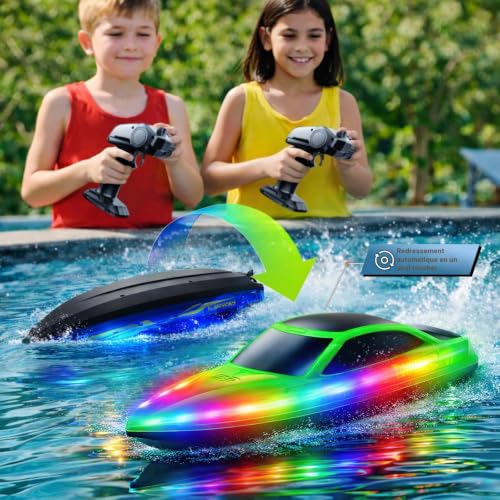 RC RC Boats 2 Pack 7 Modes LED 15km/h Speed 2.4GHz Remote Control Self Straightening Battery & Range Alerts 4 Rechargeable Batteries Pool & Lake Gift Boys Girls Gift