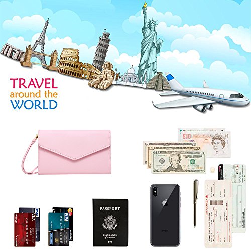 Krosslon Rfid Passport Holder Wristlet Travel Wallet Trifold Documents Organizer Slim Purse, Fit US UK CA Passport Cover Traveling Accessories for Women, Conch Shell Pink(214#)