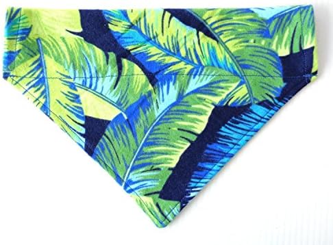 Tropical Blue Green Hawaiian Print Flannel Over the Collar Slip Through Thread Thru Dog Bandanna Designer Print Inspired