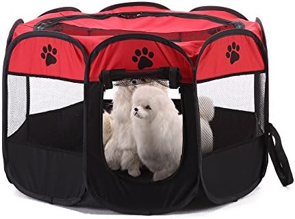 WORDERFUL Pet Playpen Dog Outdoor House Foldable Fence Crate Kennel for Puppy Cats (Red)