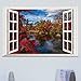 DNVEN Faux Window Decals Autumn Feel Red Leaves Peaceful Lake False Window Clings Murals 3D Full Color Vinyl Bedroom Living Room Playroom Wall 24 inches x 16 inches