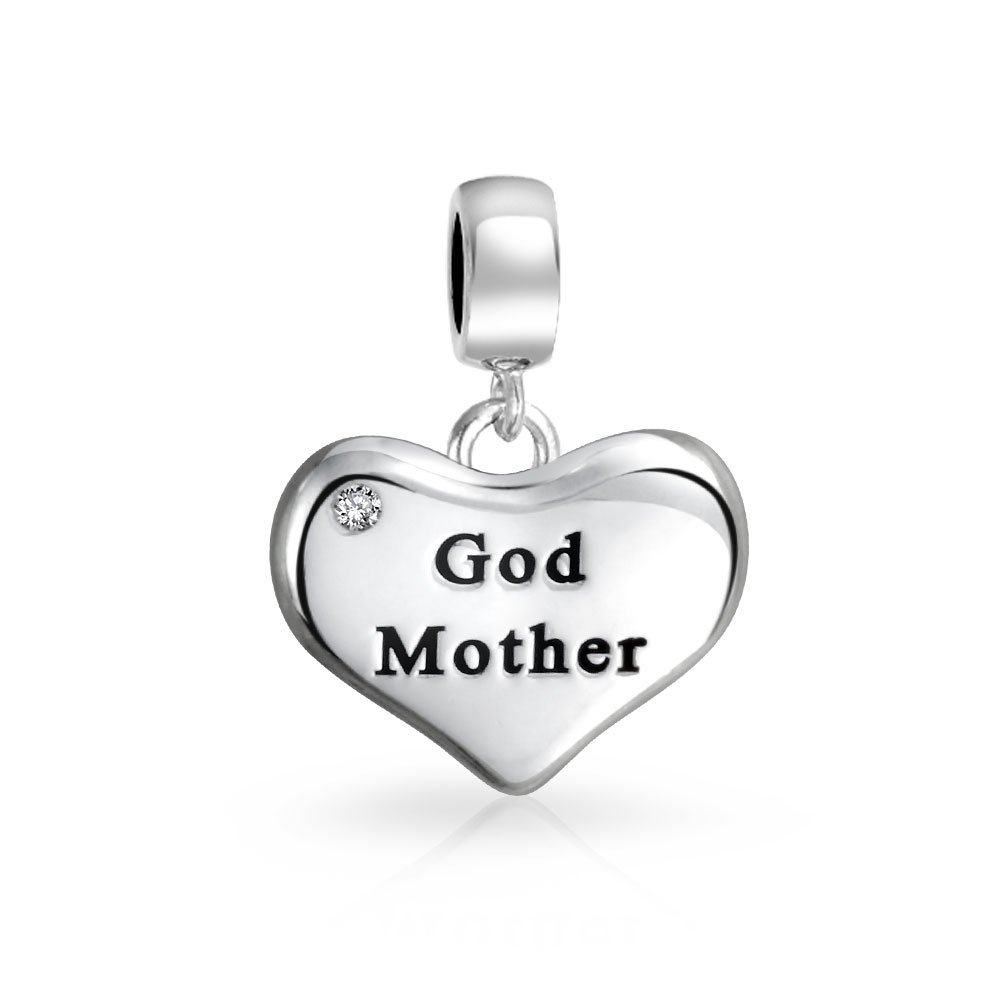 Bling Jewelry Personalized White Crystal Accent BFF Word Heart Shape God Mother Dangle Bead Charm For Women Oxidized .925 Sterling Silver Fit European Bracelet
