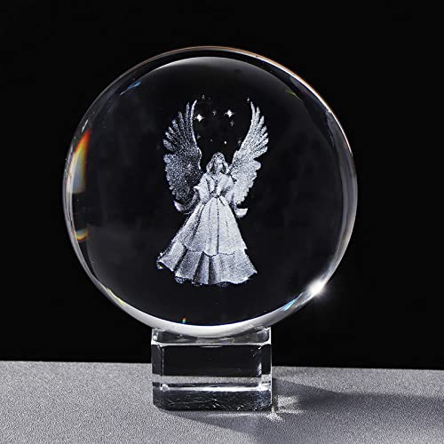 Prefdo 6cm Crystal 3D Guardian Angel Figurine Ball with Crystal Base, Table Ornament Paperweight Home Art Decor Crafts (Clear)
