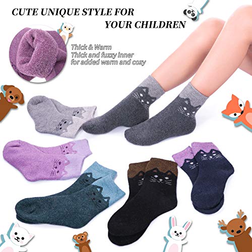 LANLEO 6 Pairs Children's Winter Thick Warm Soft Cute Animal Crew Wool Socks For Kids Boys Girls Cat,1-3 Year Old