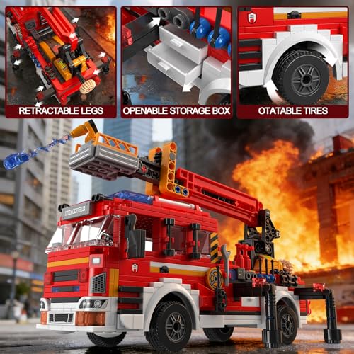 City Fire Truck with Ladder Toy (798PCS), Collectible Emergency Vehicle Model Kit, Birthday Gift for 6 Year Old Boys Girls and Adults