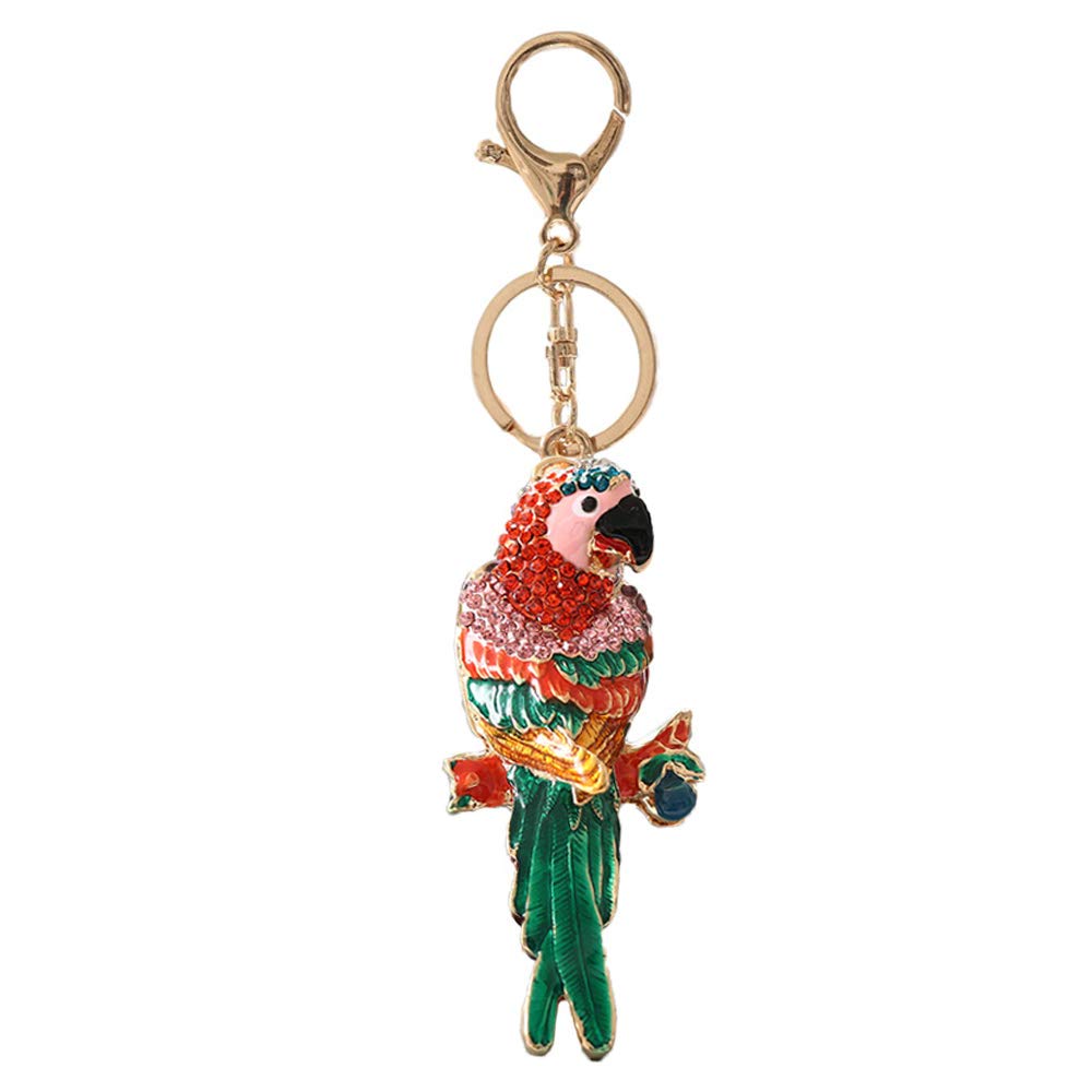 Parrot Rhinestones Keychain,Gold Bling Crystal Charm Keyring Pendant (Red)