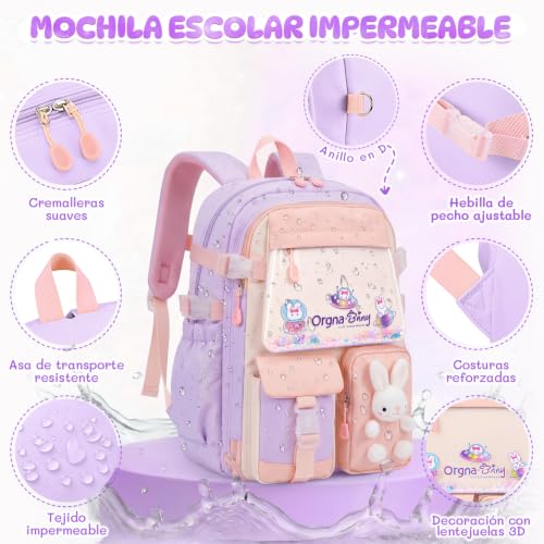 Nasjac Mochilas Escolares para Niñas de Primaria con Bolsa Térmica y Estuche, Mochila Escolar Infantil Gran Capacidad, Simpático conejito, Mochilas Multifuncional Informal Para Viajes, Escuela
