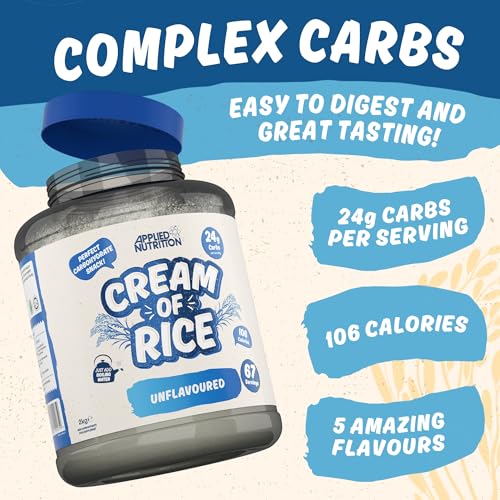 Applied Nutrition Cream of Rice - High Carbohydrate Cream of Rice Supplement, Source of Energy for Breakfast & Snacks, Easy to Digest, Low Sugar, Low Fat, Vegan, 2kg (Unflavoured)