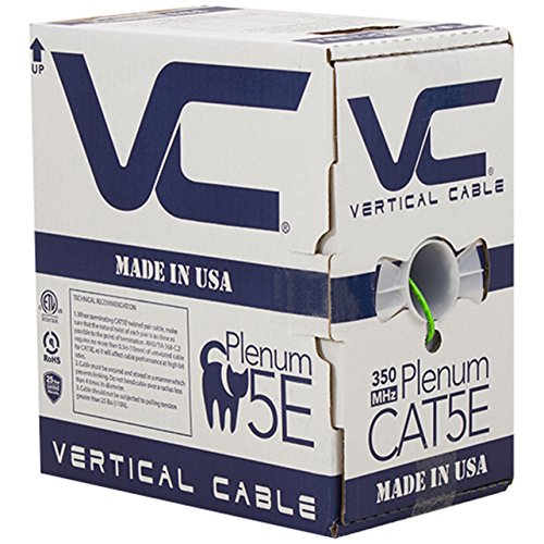 Vertical Cable CAT5E, 350 MHz, UTP, 24AWG, 8C Solid Bare Copper, Plenum, 1000ft, Green, Bulk Ethernet Cable - Made in USA