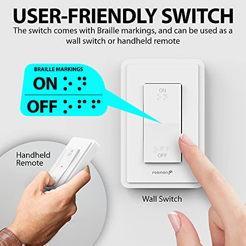 Fosmon Wireless Remote Control Electrical Outlet Switch- ETL Listed, (15A, 125V 1875W) Wireless Outlet Plug with Wall Switch & Braille (On/Off) Mark for Lights, Household Appliances, Expandable