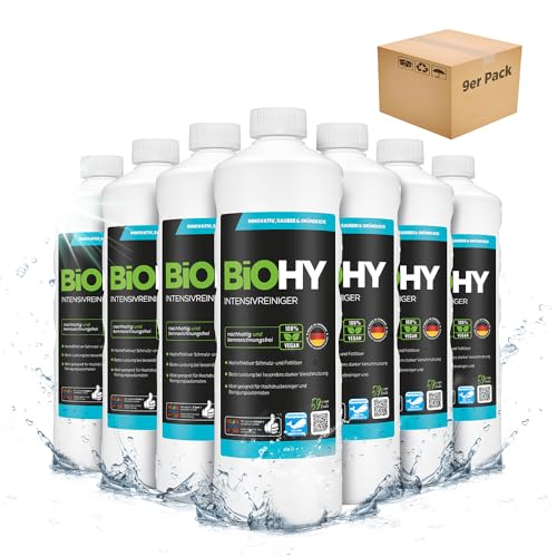 BiOHY Intensivreiniger (9 x 1L) | Bodenreiniger Konzentrat für starke Verschmutzungen | Reinigungsmittel für Reinigungsautomaten & Saugwischer | Schau