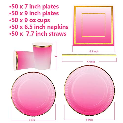 Ottin Ombre Hot Pink Party Supplies 50-counts Include Disposable Paper Napkins/Cups/Plates Straws Dinnerware Set for Birthday Wedding Bridal Shower Rainbow Party Baby Shower Weekend Party - Thumbnail 2