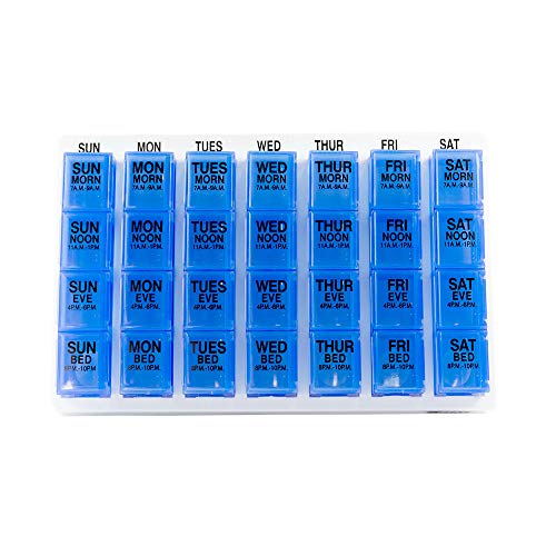 GMS 7 Day Pill Organizer Tray - Large with Removable Daily Pill Boxes with 4 Compartments Each for Storing and Organizing Medications and Pills - Blue