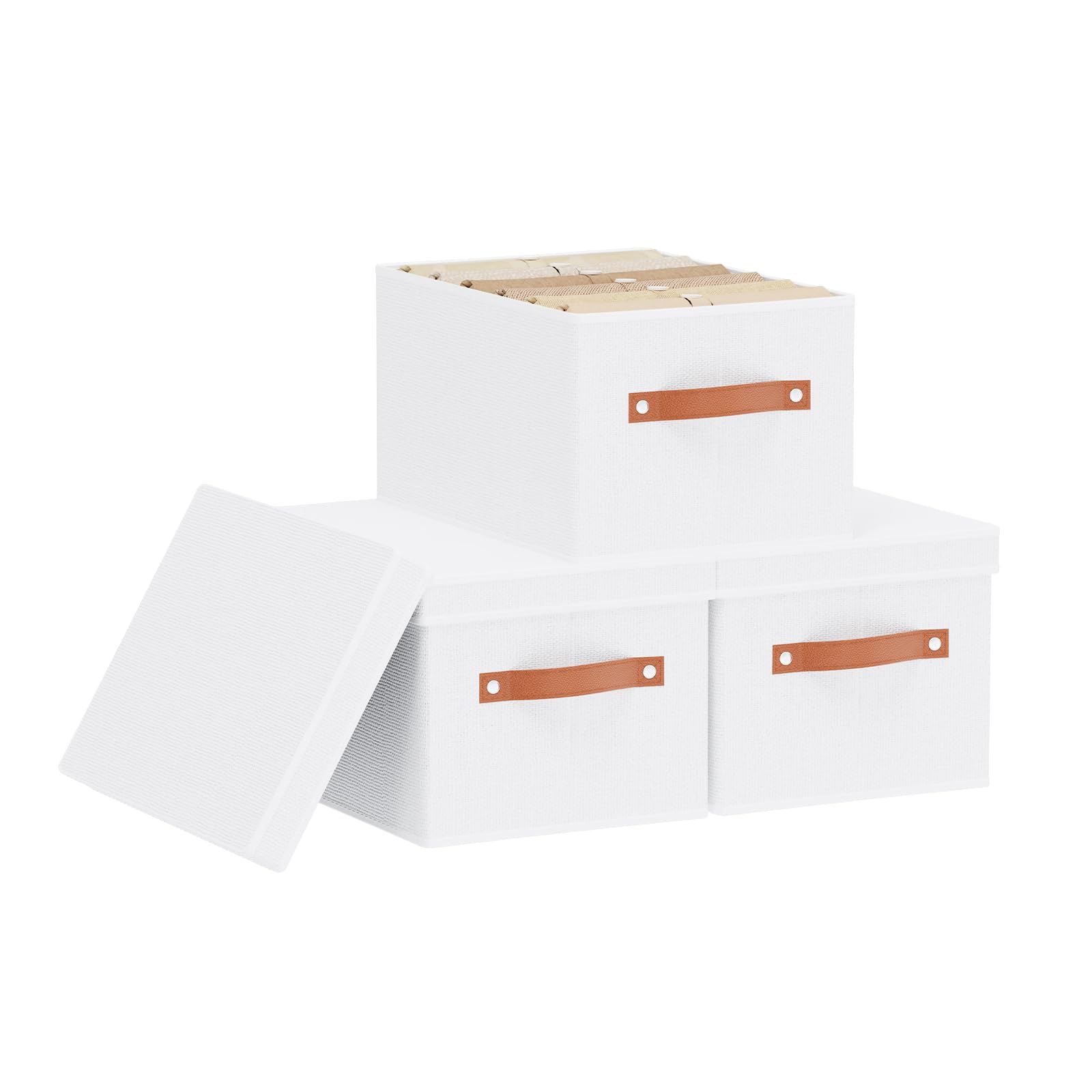 YheenLf Storage Boxes with Lids, Shelf bins with Handles, Foldable Cube Organizer Basket for Organizing, Linens Clothes, Shelves Organiser, White, 33×23×18 cm, 3-Pack