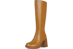 SOVANYOU Black Leather Boots Platform Boots for Women Square Toe Chunky Block Heeled Boots