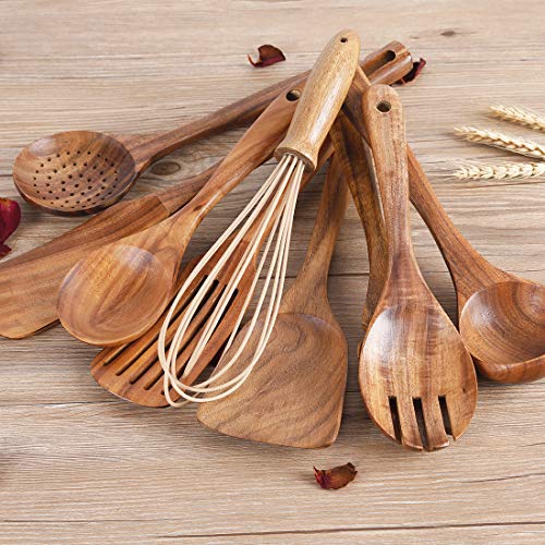 10 Pack Wooden Utensils for Cooking, Wood Utensil Set for Kitchen, Teak
