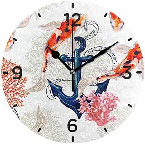 SENNSEE Carp Fish with Anchor Wall Clock Acrylic Decorative Round Clock Art for Home Decor Living Room Bedroom