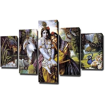 DXYJUYI Premium Quality Canvas Printed Wall Art Poster 5 Pieces / 5 Pannel Wall Decor Krishna & Radha Painting, Home Decor Pictures - Stretched (50