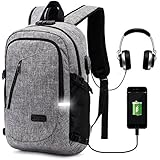WSQIWNI Laptop Backpack, Business Anti Theft Laptop Backpack with USB Charging Port&amp;Anti-Theft Lock&amp;Headphone Jack, Business Water Resistant Polyester 15.6 Inch Laptop Bag Waterproof (Gray)
