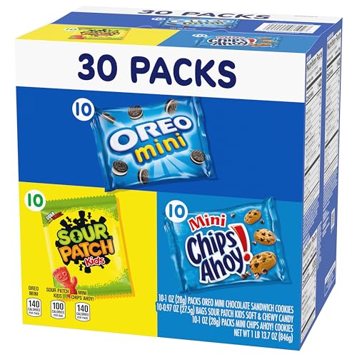 NABISCO COOKIES AND CANDY VARIETY PACK, SOUR PATCH KIDS SOFT & CHEWY GUMMY CANDY, OREO MINIS AND CHIPS AHOY! MINIS COOKIES, 30 SNACK PACKS