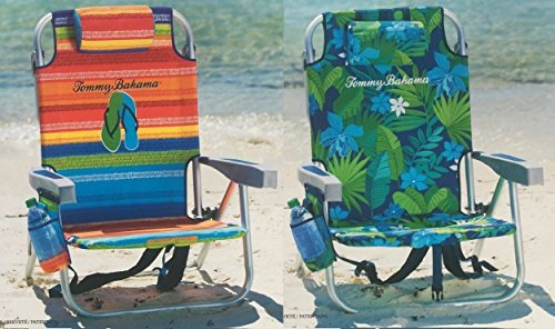 2 Tommy Bahama Backpack Cooler Chair with Storage Pouch and Towel Bar (Multicolor Stripes + Green Flowers)
