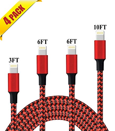 iPhone Charger, Lightning Cable, 4Pack (3FT 6FT 6FT 10FT) to Syncing Data and Nylon Braided Cord Charger Compatible with iPhone/XS/XR/X/8/8 Plus/7/7 Plus/6S/6 Plus/iPad iPod More (Black&Red)