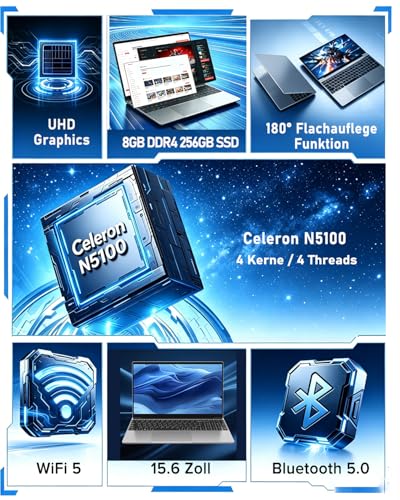 2026 Laptop Computer Notebook QWERTY mit Deutscher Tastaturfolie,15.6" IPS FHD Display,8GB RAM 256GB SSD,Celeron N5100,WiFi5,BT5.0,USB3.0,Beleuchtete Tastatur,Fingerprint für Büro & Studenten,Silber