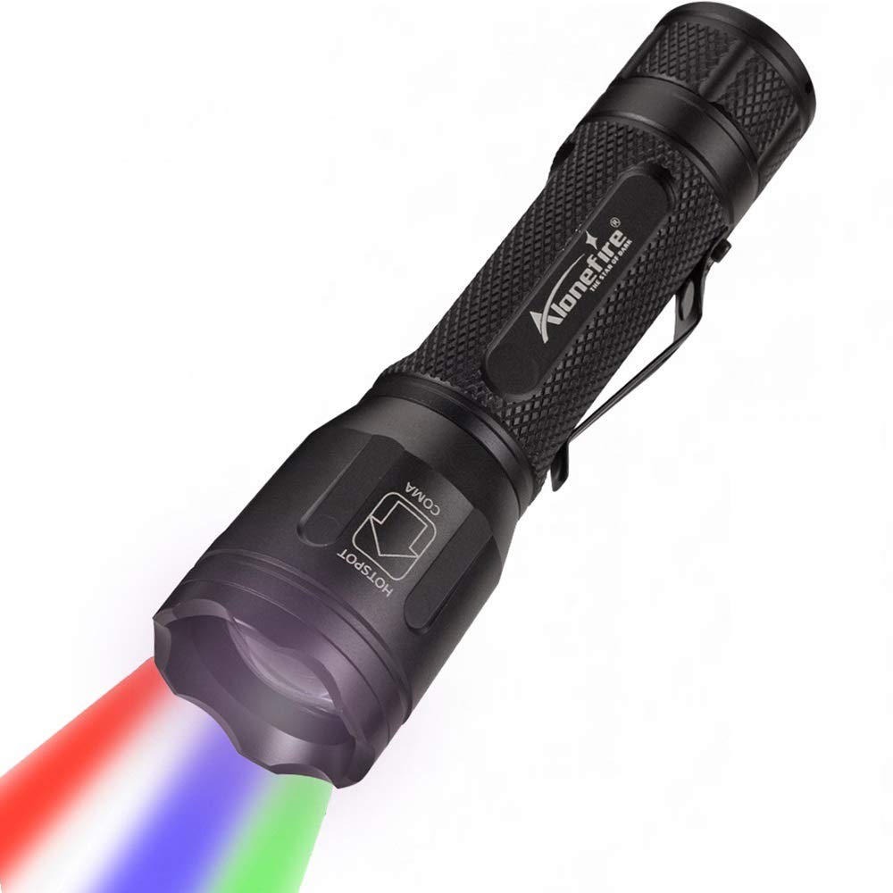 Alonefire X32 Tactical LED Torch - 4 Color RGBW Rechargeable Zoom Flashlight with Charger & Battery for Hunting Camping