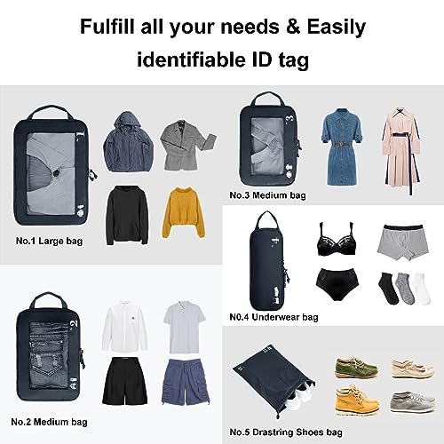 ECOHUB 5 Set Compression Packing Cubes for Suitcase, Tear-resistant Travel Organizer Sets with Shoes Bag, Luggage Packing Organizer, Vacation Travel Essentials & Travel Accessories for Men(Dark Blue)