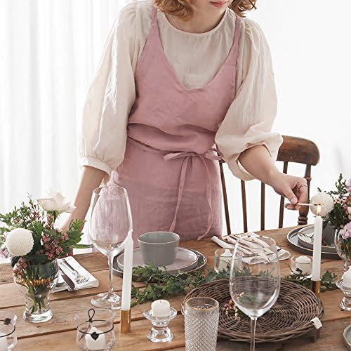 Cozymom Linen 100% Premium Gift Chef Works Handmade Apron Japanese style Cross back Shape Cotton APRON-5 colors (BLISS-PINK)