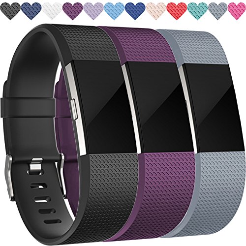 Replacement Bands for Fitbit Charge 2, 3-Pack Fitbit Charge2 Wristbands, Large, Black, Plum, Gray