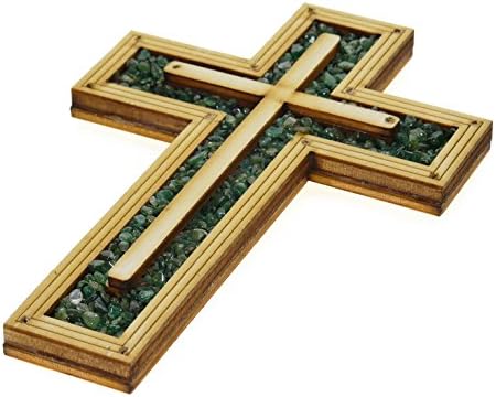 Decorative christian wooden Wall Cross Embedded with Special Energy Green Natural TOURMALINE Stones Gems 6.5" By DiLord